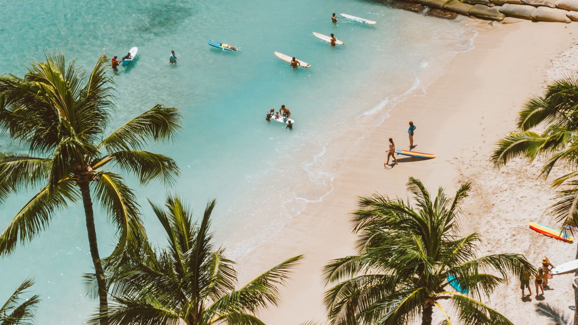 Birds eye view of surfers on a Hawaiian beach