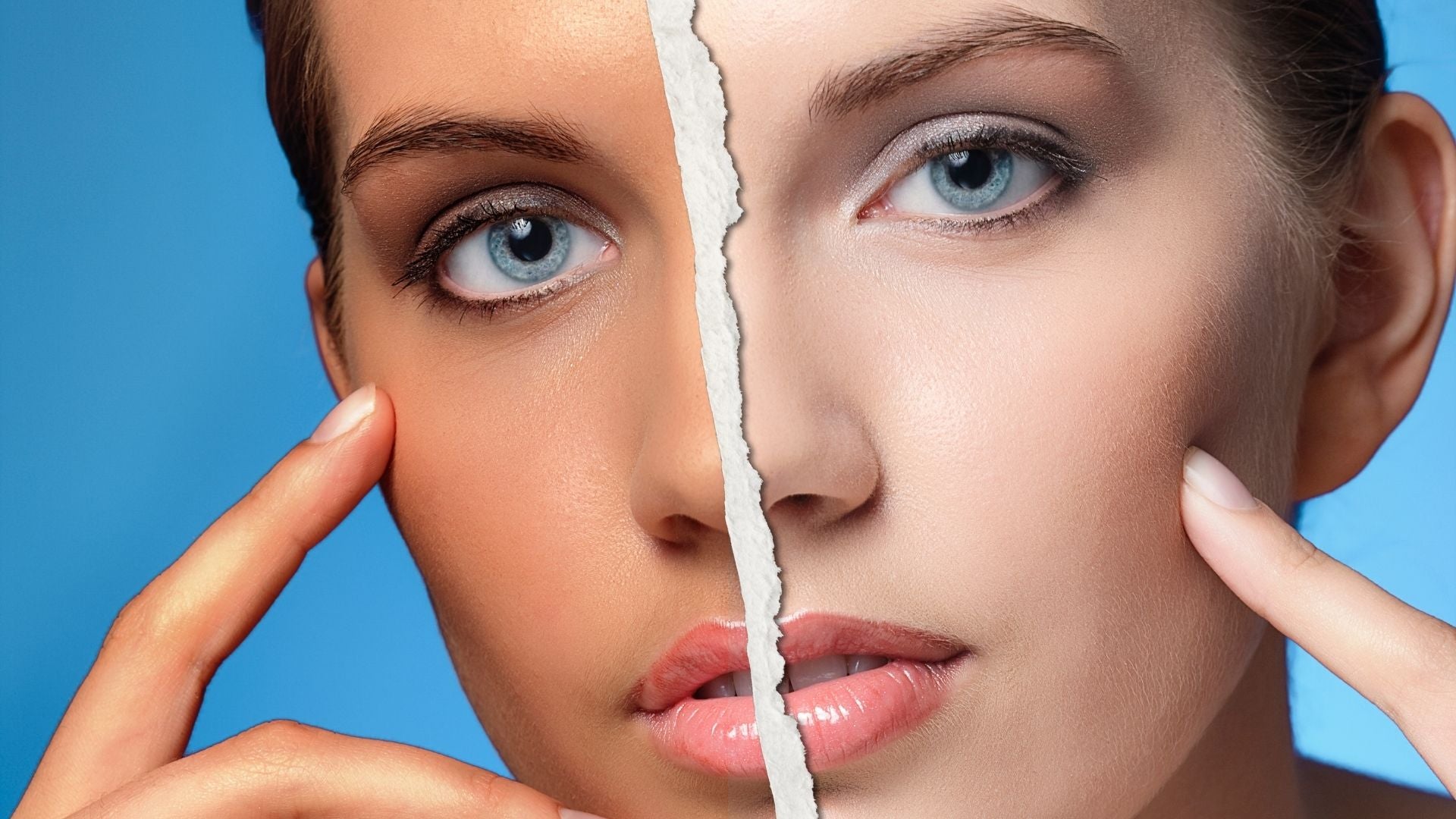 Split image of a woman's face before and after sunscreen contouring