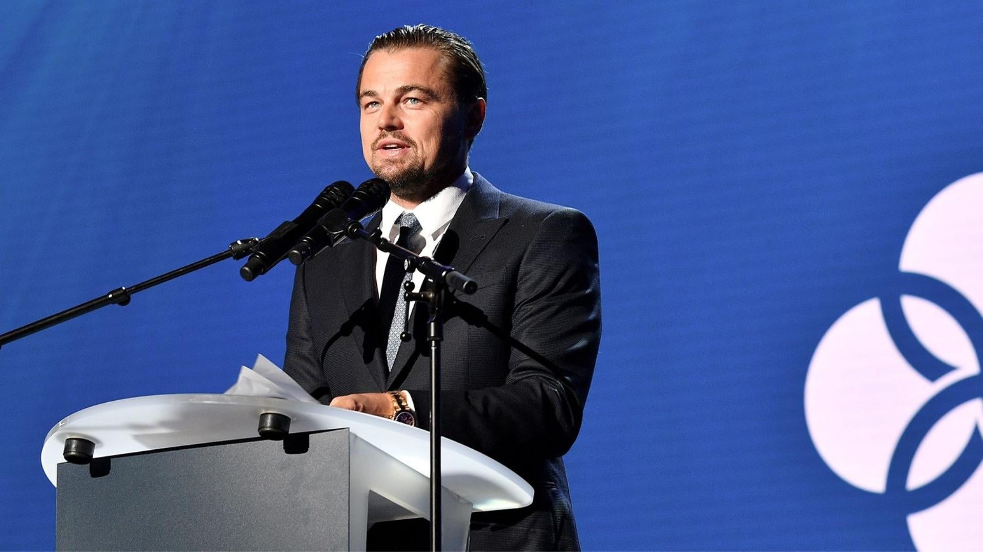 Actor and climate activist Leonardo DiCaprio speaking on stage
